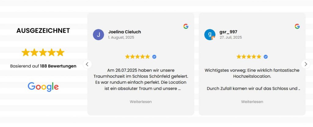 Google Bewertungen für Eventschloss Schönfeld – Erfahrungen und Meinungen zufriedener Hochzeitspaare und Gäste